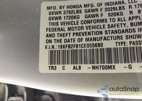 2012 Honda Civic Ex from USA, damaged, VIN 19XFB2F81CE055680